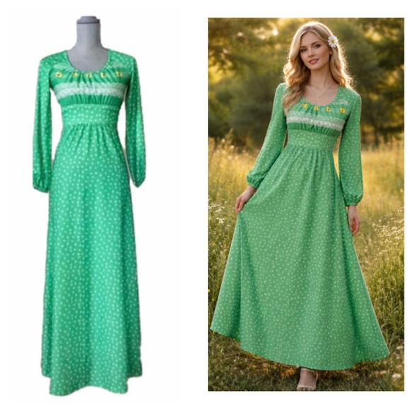 Vintage Dresses & Skirts - Vintage 60's/70's green floral long sleeve maxi dress, XS 🌼🍀